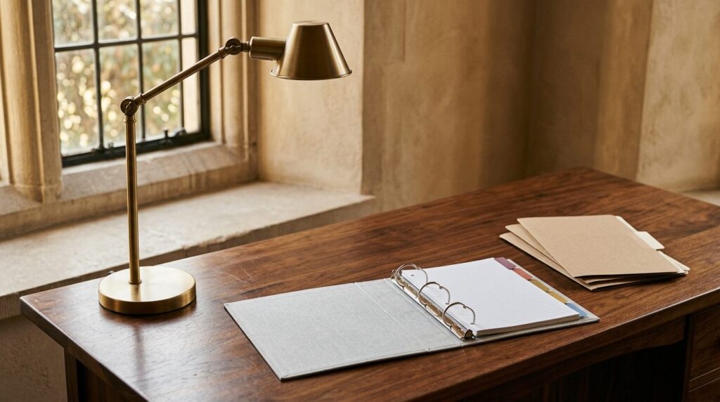 Åben ringbinder med farvede indeksfaner på valnøddeskrivebordet ved vindueslyse, sammen med messinglampe og papkartoner.