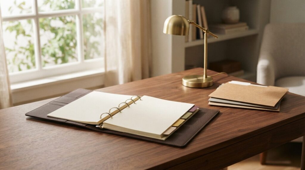Kontorskrivebord med ringbinder, mappestabel og lampe i varmt naturlys fra vindue, plum- og stentonede farver.
