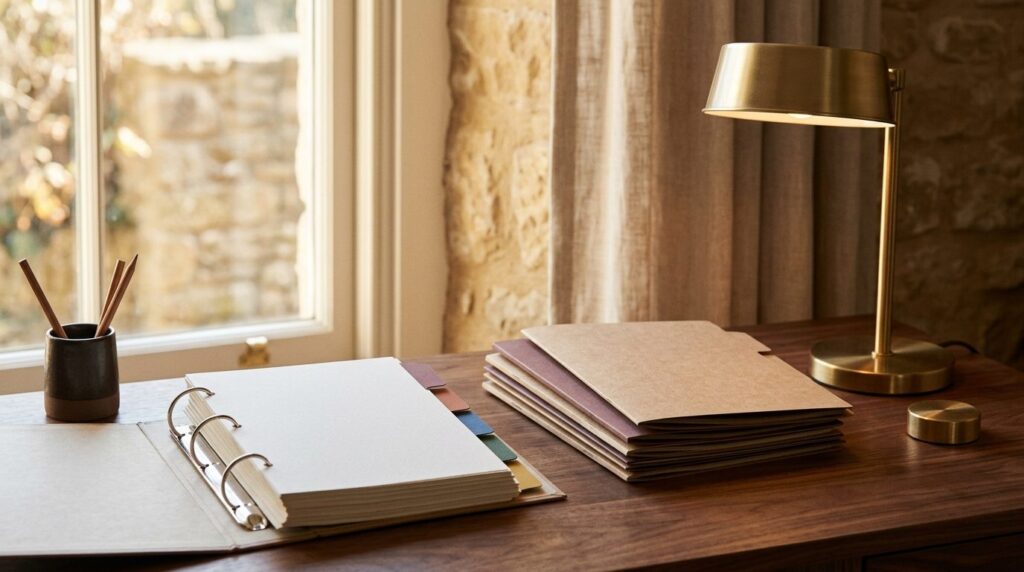 Åben ringbinder med farvede indeksfaner på valnøddeskrivebordet med messinglampe og papirmappe i varmt vinduslys.