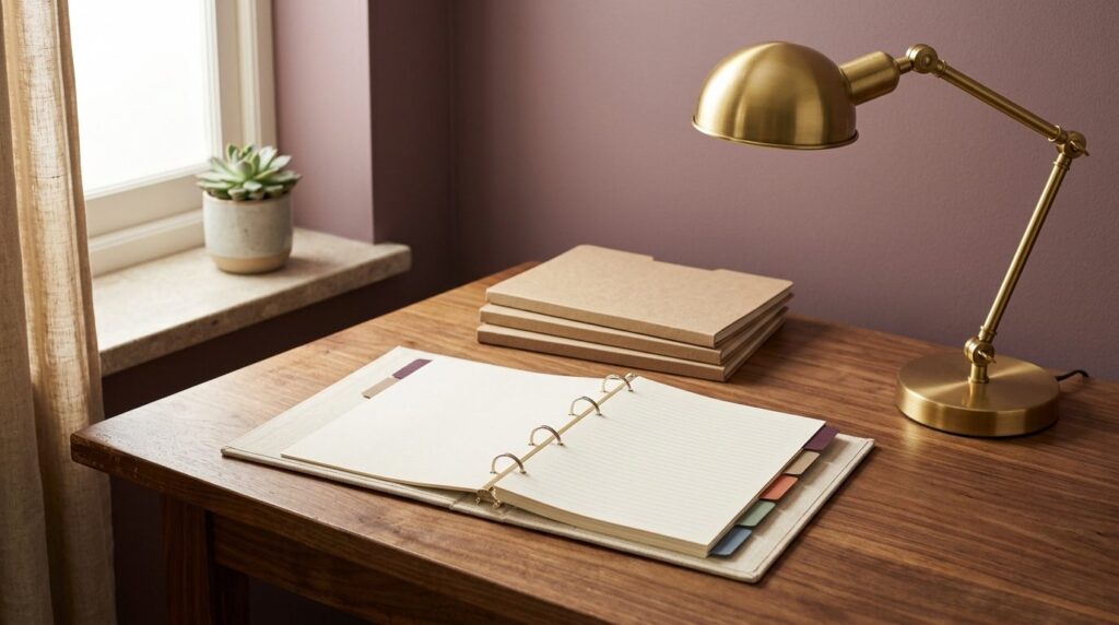 Skrivebord med åben ringbinder, farvede indeksfaner, messinglampe og kartonfoldere i varmt vindueslys.